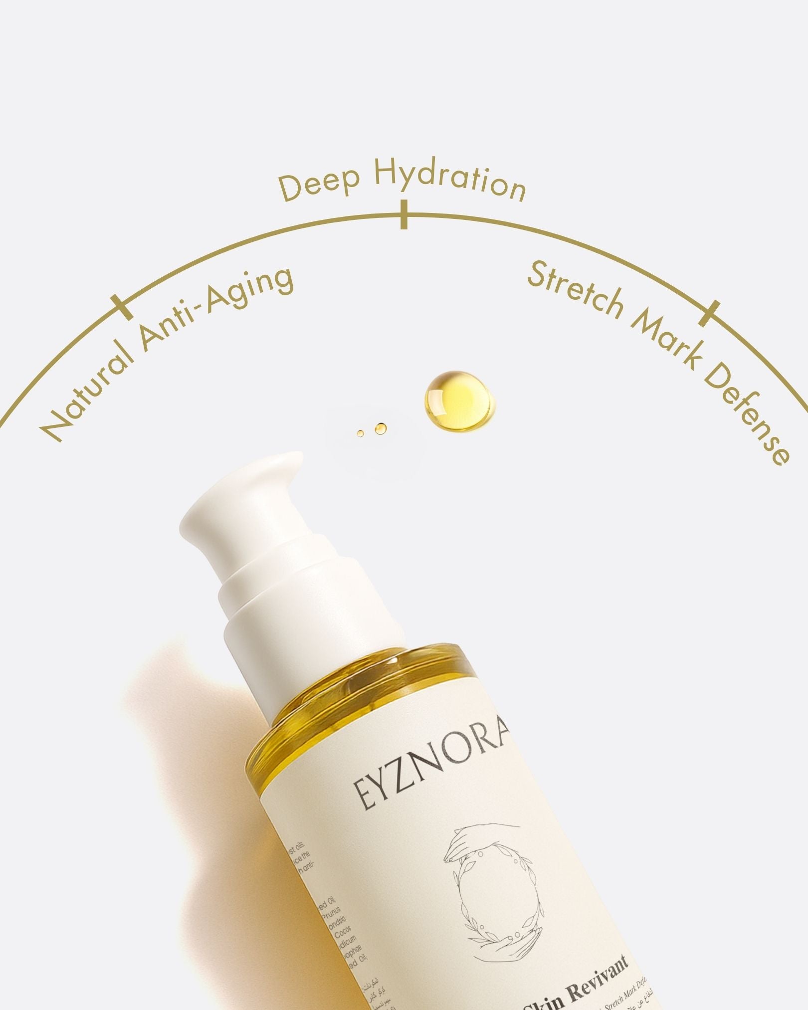 EYZNORA Luxury Skin Revivant bottle with pump dispenser, highlighted for Natural Anti-Aging, Deep Hydration, and Stretch Mark Defense benefits. Skincare oil drop and soft shadow on a minimal light background.